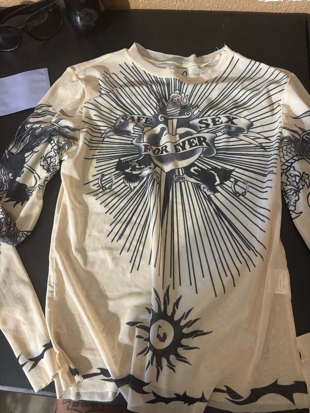 Safe Sex Forever Mesh Long Sleeve Top Beige Tattoo Graphic Y2K